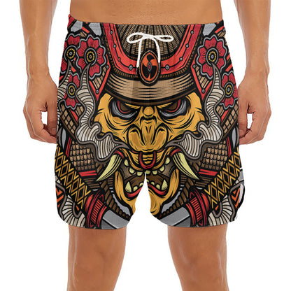 Japanese Samurai Mask Print Men's Split Running Shorts