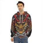 Japanese Samurai Mask Print Men's Velvet Pullover Hoodie