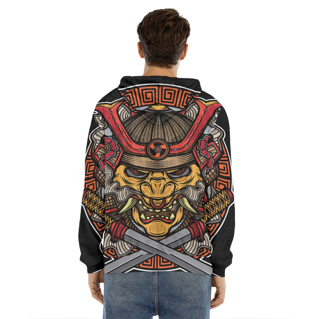 Japanese Samurai Mask Print Men's Velvet Pullover Hoodie