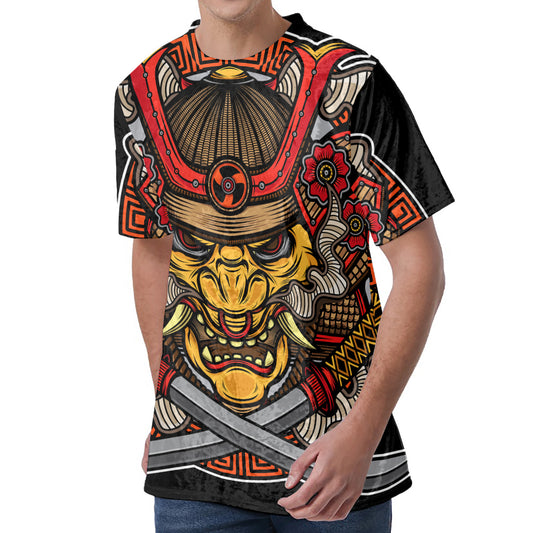 Japanese Samurai Mask Print Men's Velvet T-Shirt