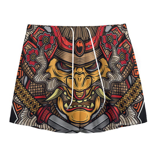 Japanese Samurai Mask Print Mesh Shorts