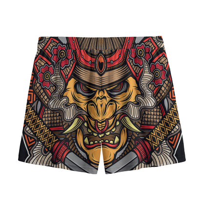 Japanese Samurai Mask Print Mesh Shorts