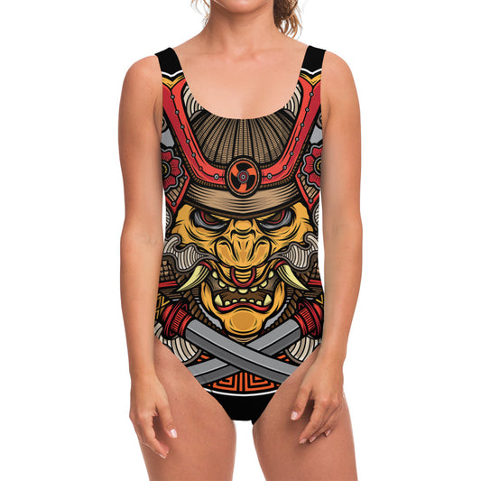 Japanese Samurai Mask Print One Piece Swimsuit