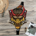 Japanese Samurai Mask Print One Shoulder Bodysuit