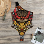 Japanese Samurai Mask Print One Shoulder Bodysuit
