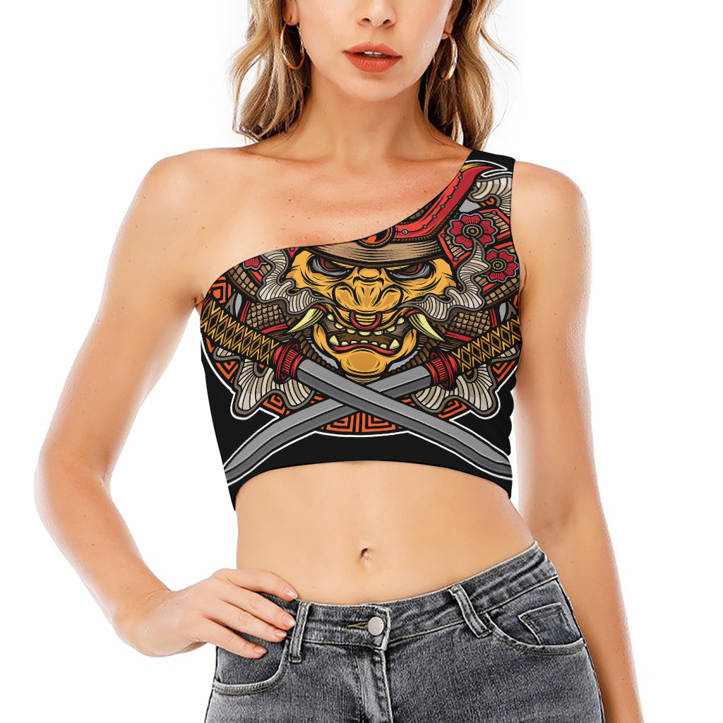 Japanese Samurai Mask Print One Shoulder Crop Top
