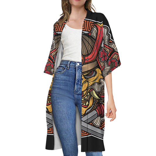 Japanese Samurai Mask Print Open Front Beach Cover Up