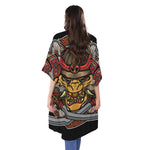 Japanese Samurai Mask Print Open Front Beach Cover Up