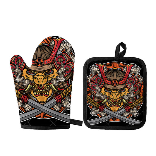 Japanese Samurai Mask Print Oven Mitt And Pot Holder Set