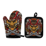 Japanese Samurai Mask Print Oven Mitt And Pot Holder Set