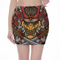 Japanese Samurai Mask Print Pencil Mini Skirt