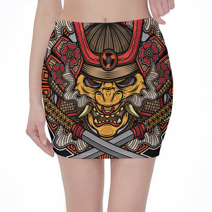 Japanese Samurai Mask Print Pencil Mini Skirt