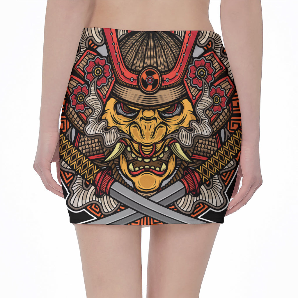 Japanese Samurai Mask Print Pencil Mini Skirt
