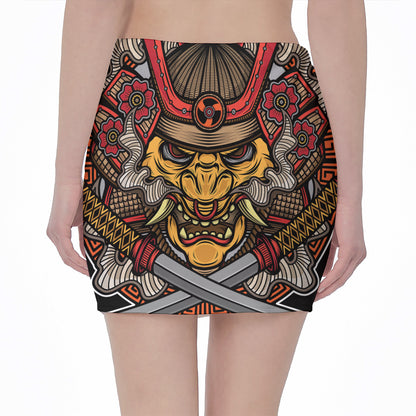 Japanese Samurai Mask Print Pencil Mini Skirt