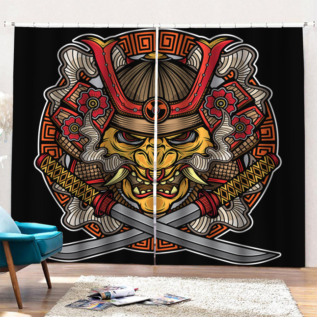 Japanese Samurai Mask Print Pencil Pleat Curtains