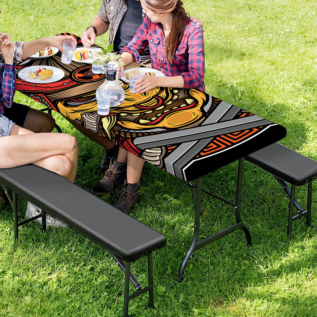 Japanese Samurai Mask Print Picnic Table Cover