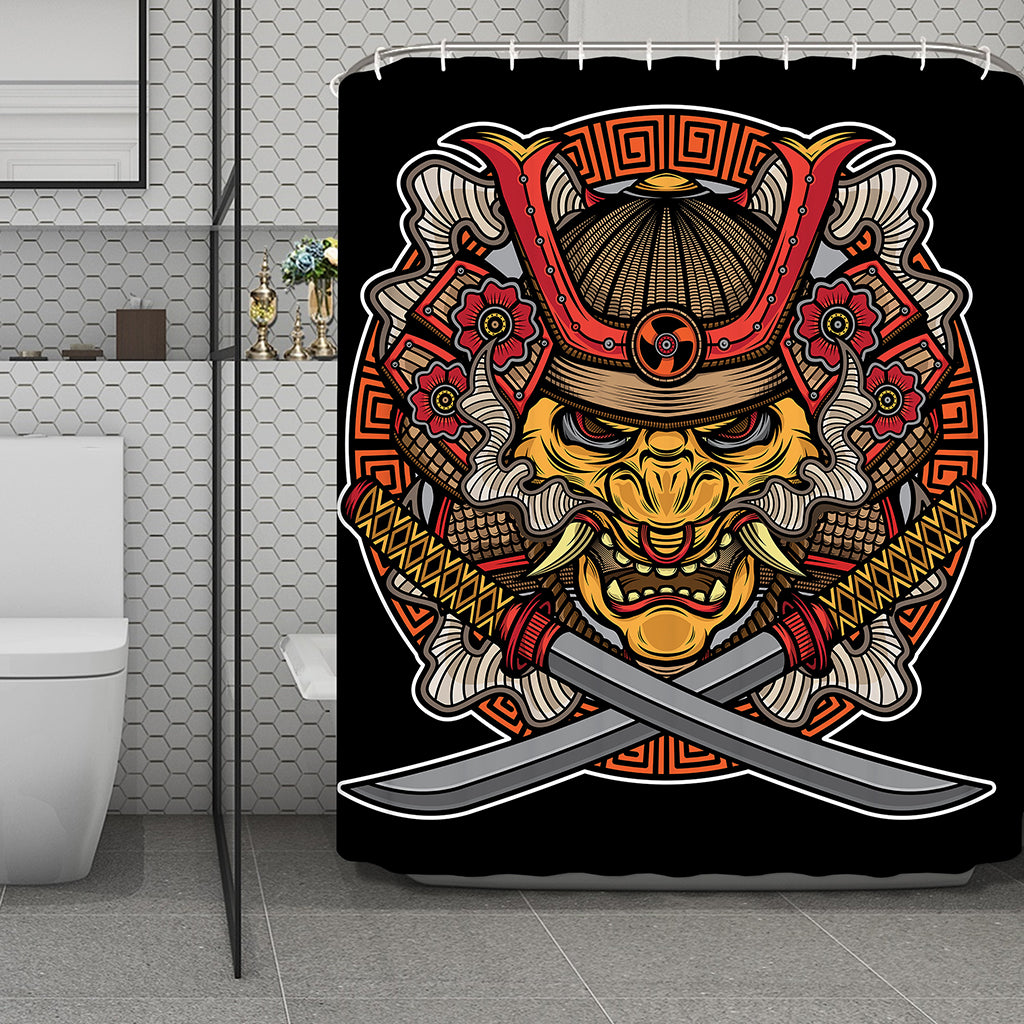 Japanese Samurai Mask Print Polyester Shower Curtain