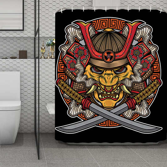 Japanese Samurai Mask Print Polyester Shower Curtain