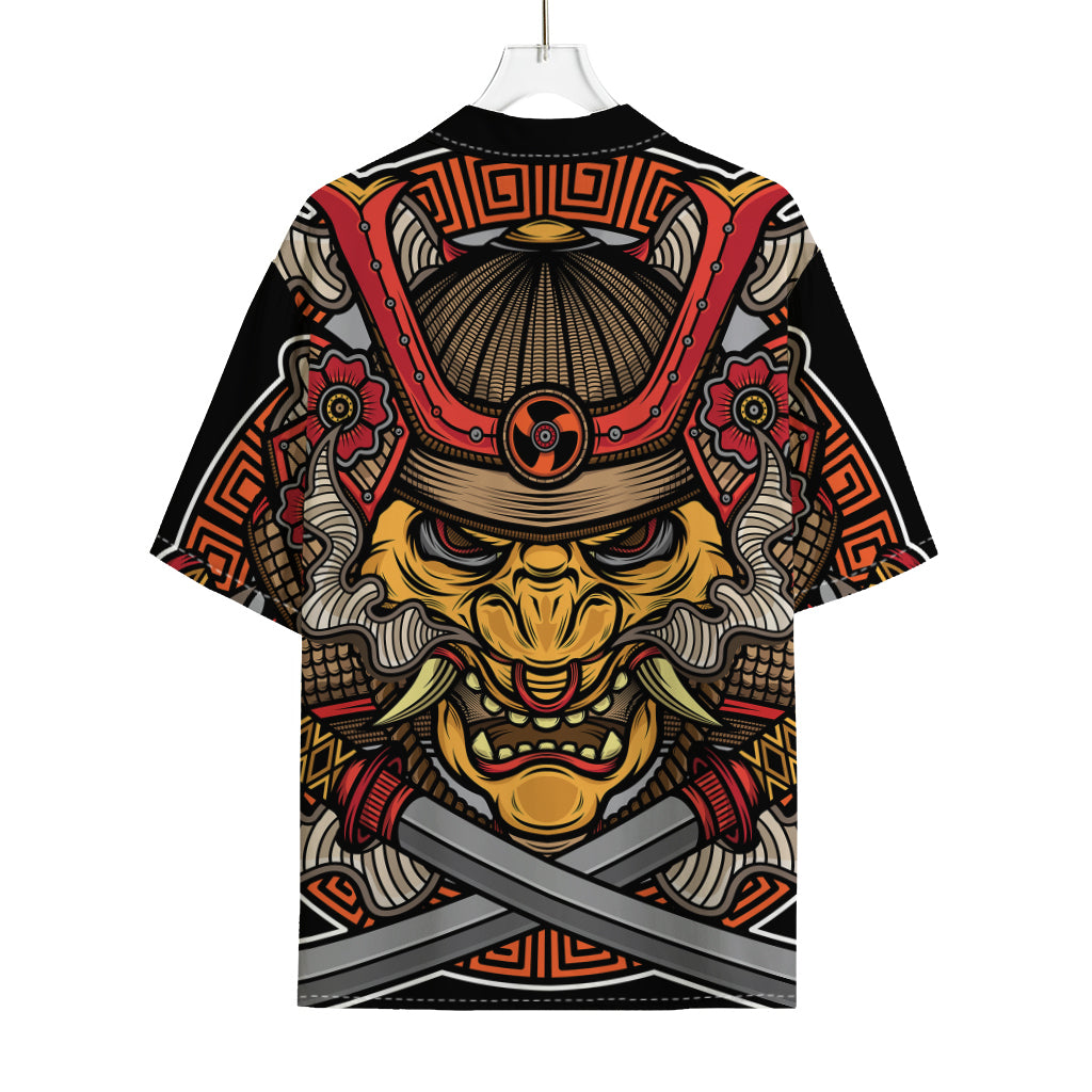 Japanese Samurai Mask Print Rayon Hawaiian Shirt