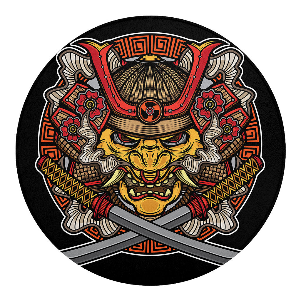 Japanese Samurai Mask Print Round Blanket
