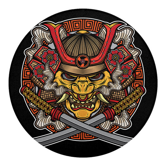 Japanese Samurai Mask Print Round Blanket