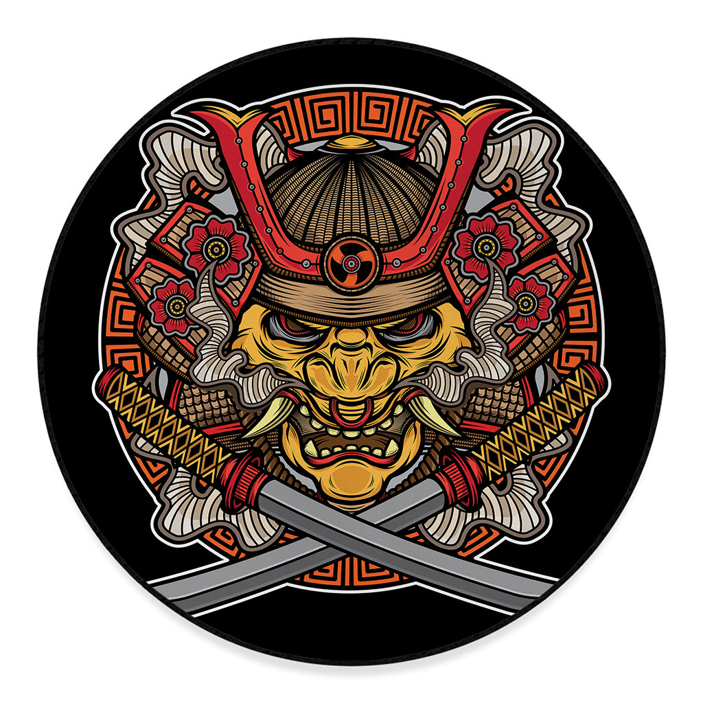 Japanese Samurai Mask Print Round Floor Mat