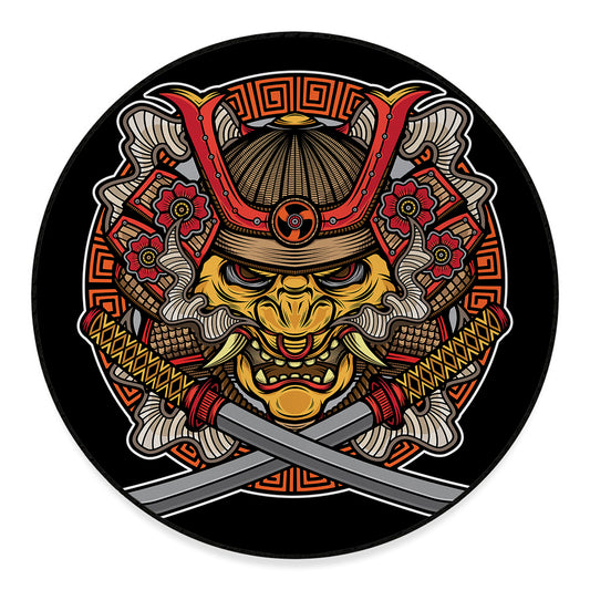 Japanese Samurai Mask Print Round Floor Mat