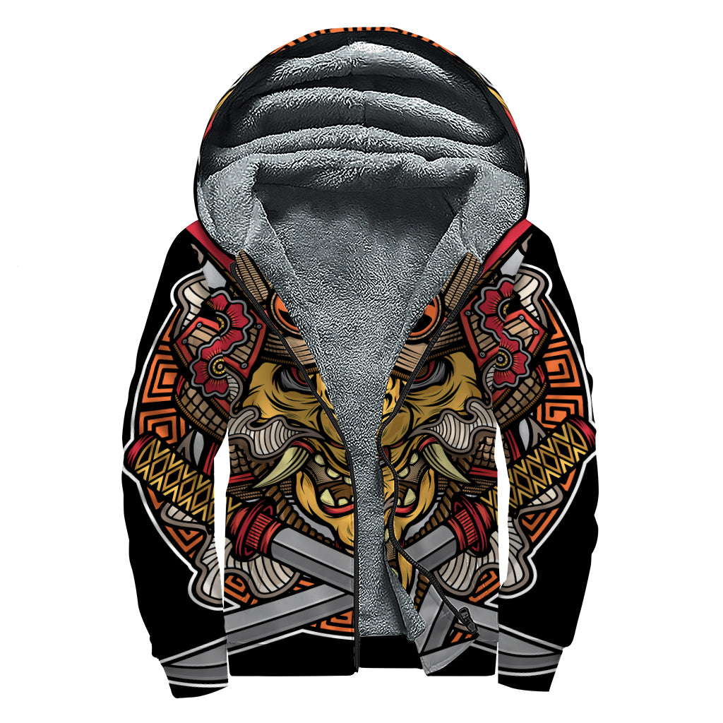 Japanese Samurai Mask Print Sherpa Lined Zip Up Hoodie