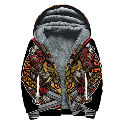 Japanese Samurai Mask Print Sherpa Lined Zip Up Hoodie