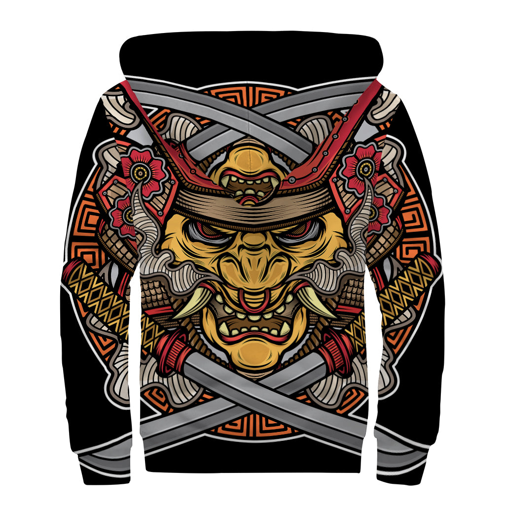 Japanese Samurai Mask Print Sherpa Lined Zip Up Hoodie