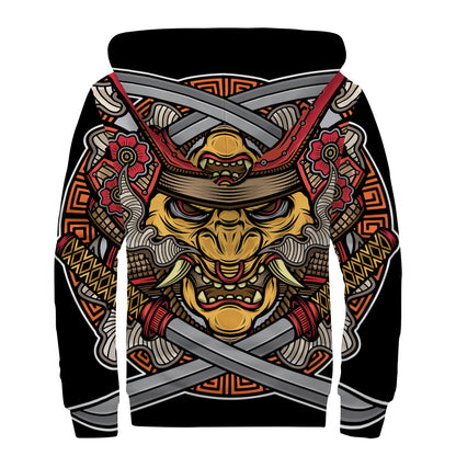 Japanese Samurai Mask Print Sherpa Lined Zip Up Hoodie