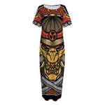 Japanese Samurai Mask Print Short Sleeve Long Nightdress