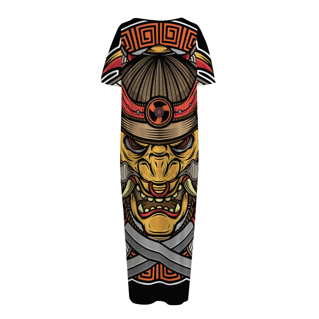 Japanese Samurai Mask Print Short Sleeve Long Nightdress