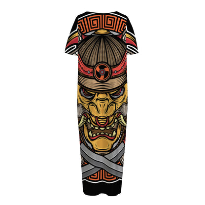 Japanese Samurai Mask Print Short Sleeve Long Nightdress
