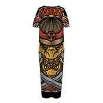Japanese Samurai Mask Print Short Sleeve Long Nightdress