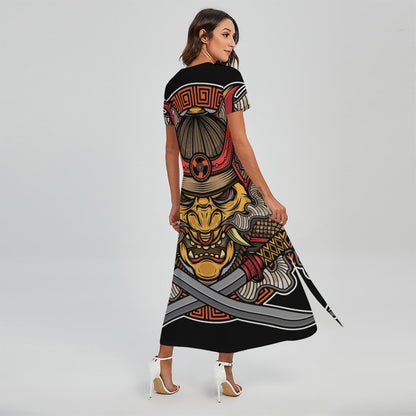 Japanese Samurai Mask Print Short Sleeve Maxi Dress