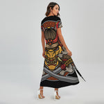 Japanese Samurai Mask Print Short Sleeve Maxi Dress
