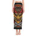 Japanese Samurai Mask Print Side Slit Maxi Skirt
