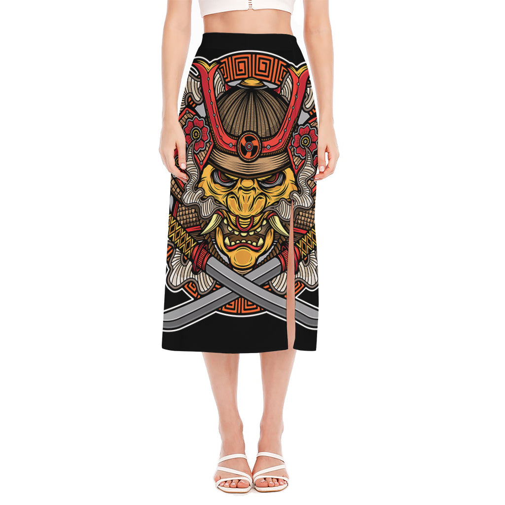 Japanese Samurai Mask Print Side Slit Midi Skirt