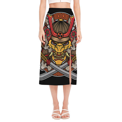 Japanese Samurai Mask Print Side Slit Midi Skirt