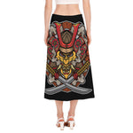 Japanese Samurai Mask Print Side Slit Midi Skirt