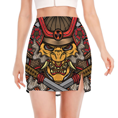 Japanese Samurai Mask Print Side Slit Mini Skirt