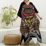 Japanese Samurai Mask Print Silk V-Neck Kaftan Dress