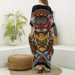 Japanese Samurai Mask Print Silk V-Neck Kaftan Dress