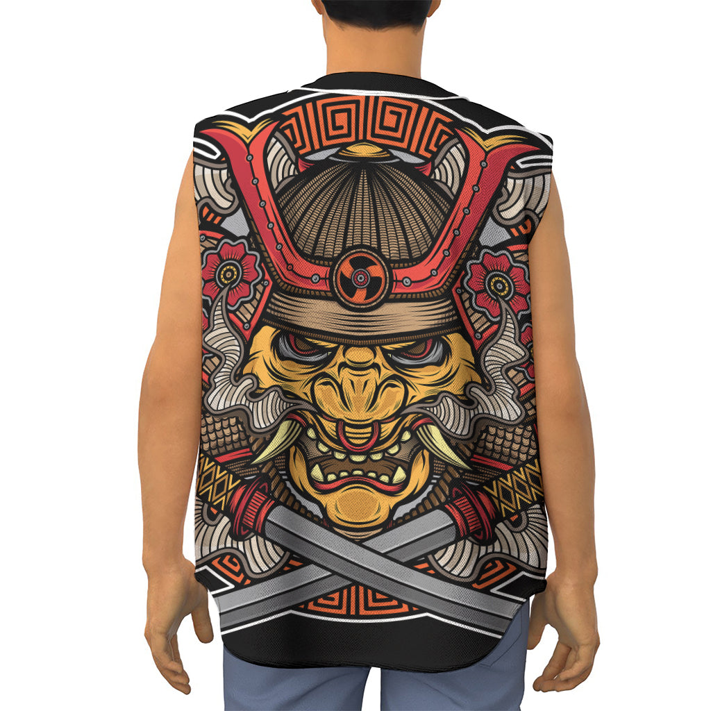Japanese Samurai Mask Print Sleeveless Baseball Jersey