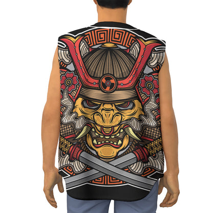 Japanese Samurai Mask Print Sleeveless Baseball Jersey