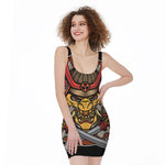 Japanese Samurai Mask Print Sleeveless Bodycon Dress
