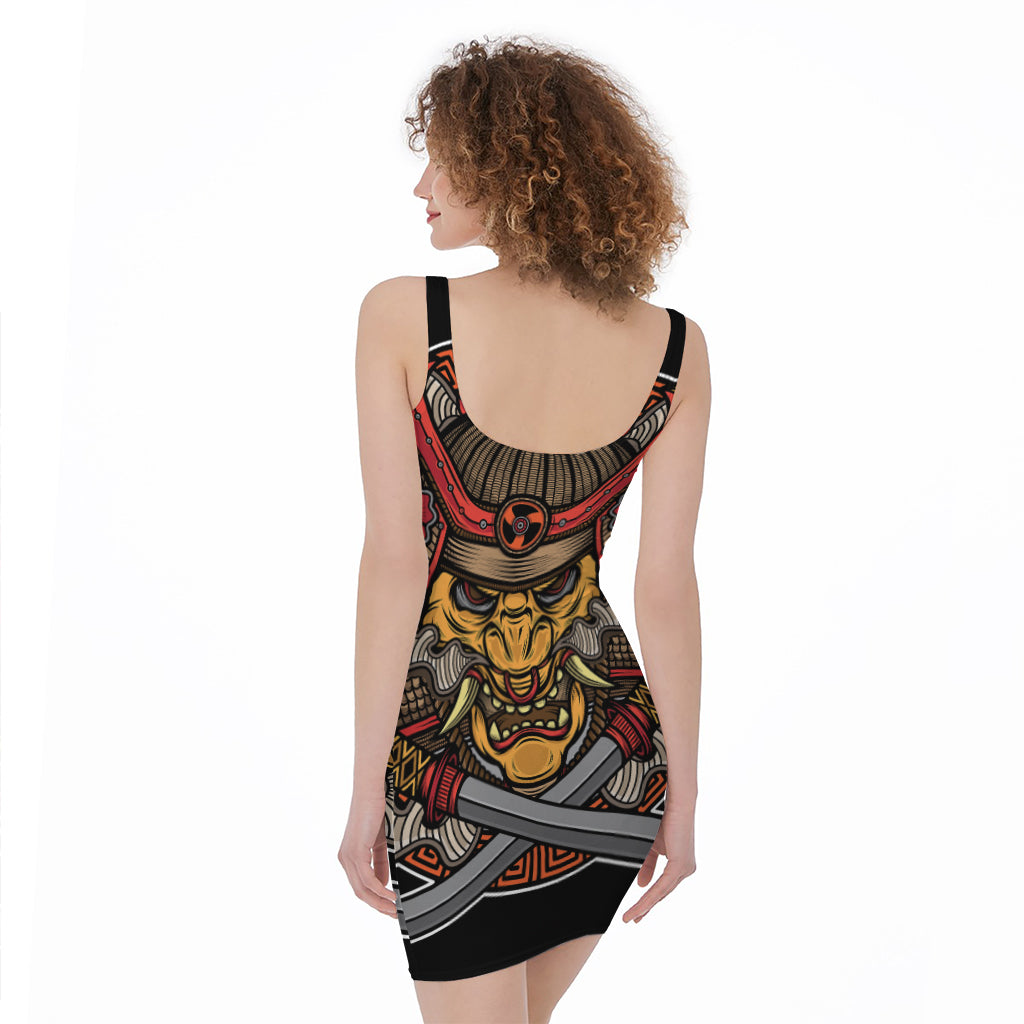 Japanese Samurai Mask Print Sleeveless Bodycon Dress
