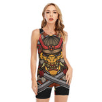 Japanese Samurai Mask Print Sleeveless One Piece Swimsuit