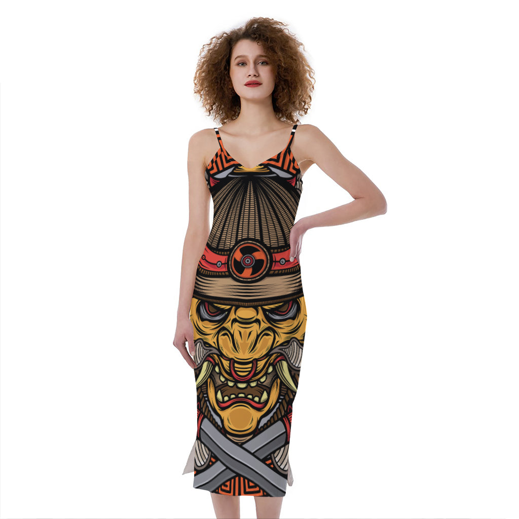 Japanese Samurai Mask Print Slim Fit Midi Cami Dress